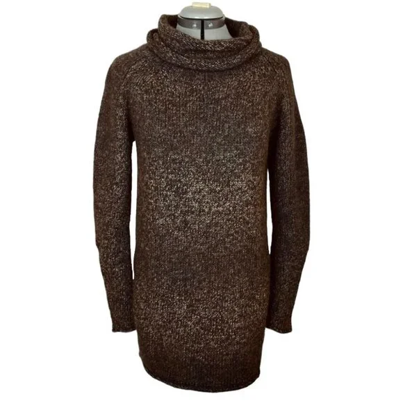 brown cowl neck sweater dress Full Size Mixed Knit Cowl Neck Dropped Shoulder Sweater Dress – Deals DejaVu main image 1